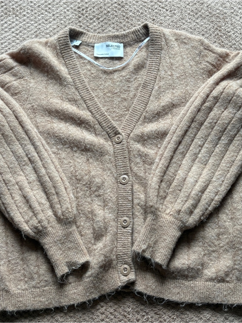 Selected Femme Beige Wool Blend Cable Knit Cardigan Sweater Size L